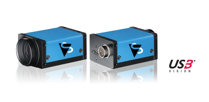 Three blue industrial cameras with metal connectors.