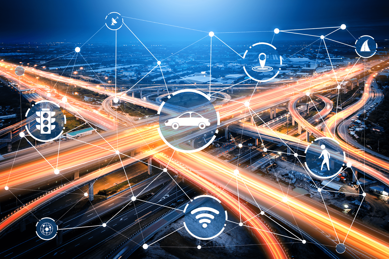Digital network connectivity overlaid on a city highway interchange at night.