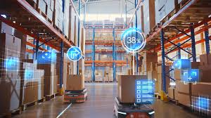 Automated robots navigating a modern warehouse with digital efficiency icons.