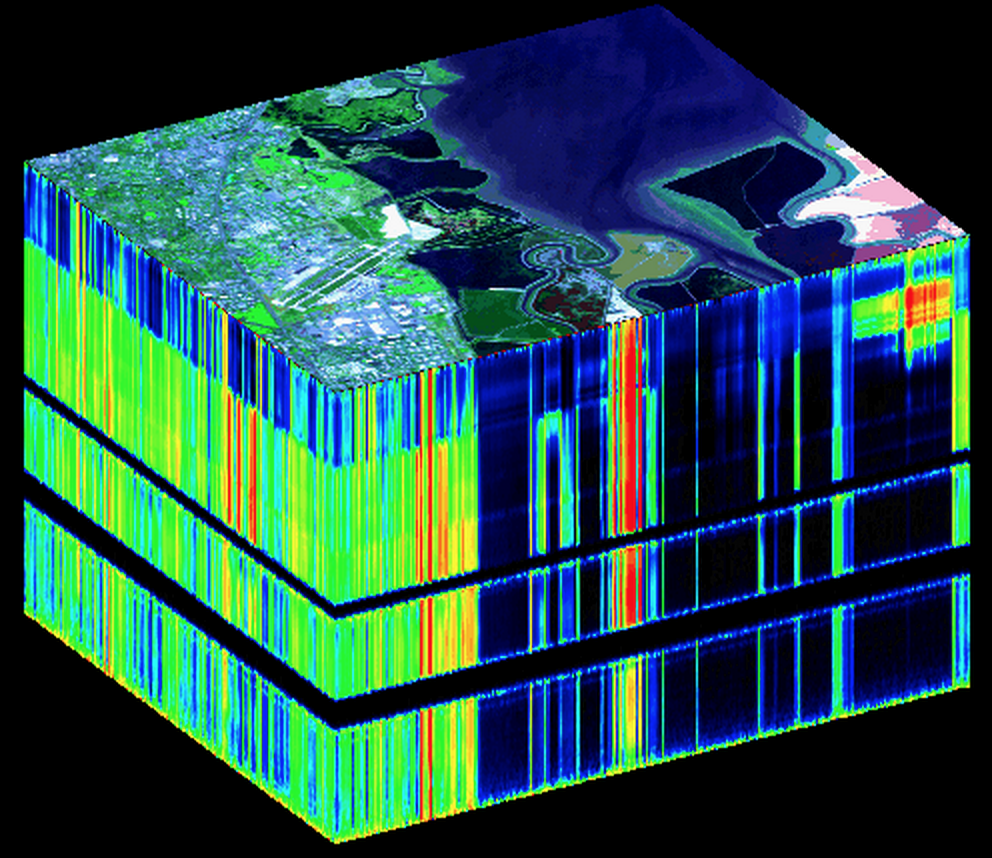 Colorful stacked data visualization blocks with vibrant vertical lines.