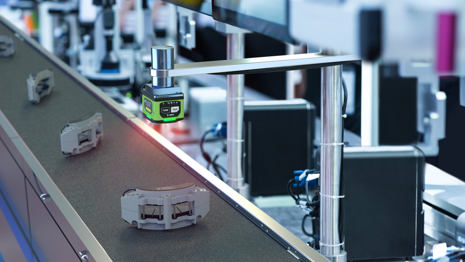Automated quality inspection system scanning a product on a conveyor belt.